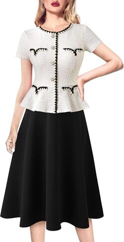 VFSHOW Womens Tweed Buttons Peplum Work Business Office Church Braided Trim Patchwork Fit and Flare A-Line Midi Dress in Saudi Arabia