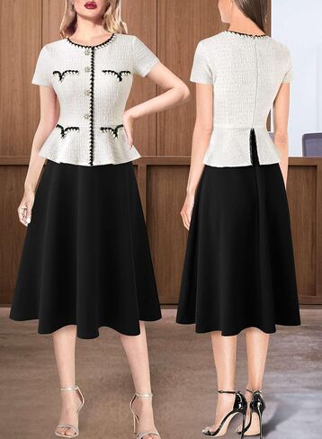VFSHOW Womens Tweed Buttons Peplum Work Business Office Church Braided Trim Patchwork Fit and Flare A-Line Midi Dress in Saudi Arabia