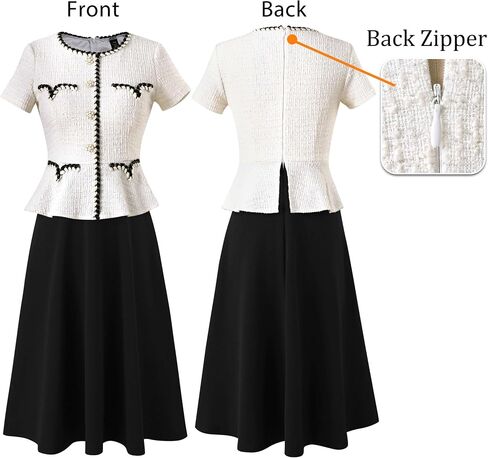 VFSHOW Womens Tweed Buttons Peplum Work Business Office Church Braided Trim Patchwork Fit and Flare A-Line Midi Dress in Saudi Arabia