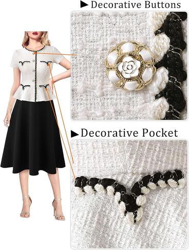 VFSHOW Womens Tweed Buttons Peplum Work Business Office Church Braided Trim Patchwork Fit and Flare A-Line Midi Dress in Saudi Arabia