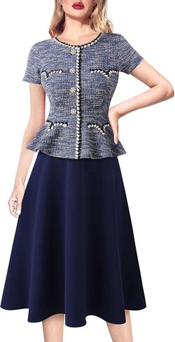 VFSHOW Womens Tweed Buttons Peplum Work Business Office Church Braided Trim Patchwork Fit and Flare A-Line Midi Dress in Saudi Arabia