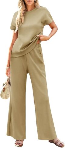 Imily Bela Womens 2 Piece Outfits Short Sleeve Pullover Tops Wide Leg Pants Casual Summer Tracksuits in Saudi Arabia