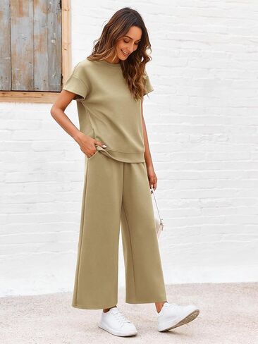 Imily Bela Womens 2 Piece Outfits Short Sleeve Pullover Tops Wide Leg Pants Casual Summer Tracksuits in Saudi Arabia