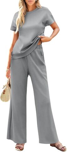 Imily Bela Womens 2 Piece Outfits Short Sleeve Pullover Tops Wide Leg Pants Casual Summer Tracksuits in Saudi Arabia