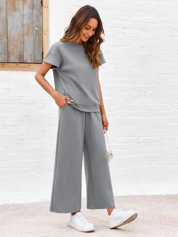 Imily Bela Womens 2 Piece Outfits Short Sleeve Pullover Tops Wide Leg Pants Casual Summer Tracksuits in Saudi Arabia