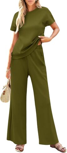 Imily Bela Womens 2 Piece Outfits Short Sleeve Pullover Tops Wide Leg Pants Casual Summer Tracksuits in Saudi Arabia