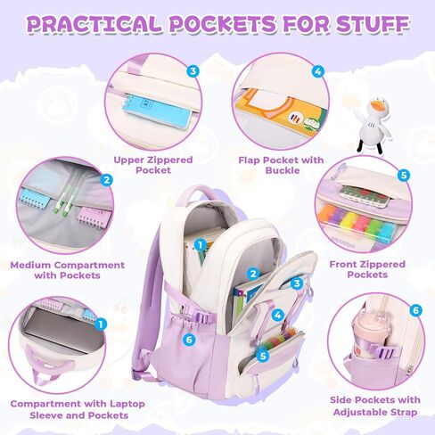 Girls Backpack for School Fashion Bookbag for Kids Teens 15.6 inch Laptop Daypack for Work Travel Pink 3pcs Set(with Duck Doll) in Saudi Arabia