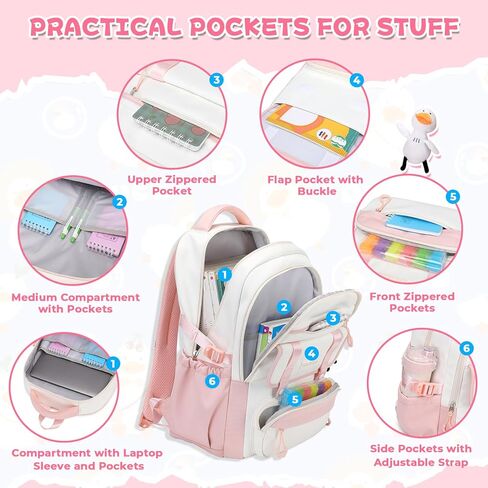 حقيبة ظهر للفتيات للمدرسة حقيبة كتب عصرية للأطفال والمراهقين مقاس 15.6 بوصة حقيبة كمبيوتر محمول للعمل والسفر باللون الأرجواني (مع دمية بطة) in Kuwait