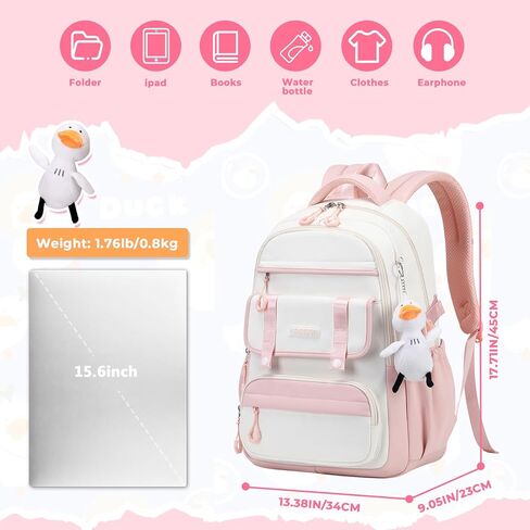 حقيبة ظهر للفتيات للمدرسة حقيبة كتب عصرية للأطفال والمراهقين مقاس 15.6 بوصة حقيبة كمبيوتر محمول للعمل والسفر باللون الأرجواني (مع دمية بطة) in Kuwait