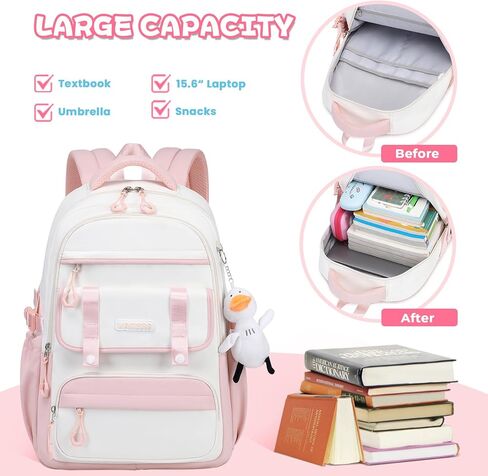 حقيبة ظهر للفتيات للمدرسة حقيبة كتب عصرية للأطفال والمراهقين مقاس 15.6 بوصة حقيبة كمبيوتر محمول للعمل والسفر باللون الأرجواني (مع دمية بطة) in Kuwait