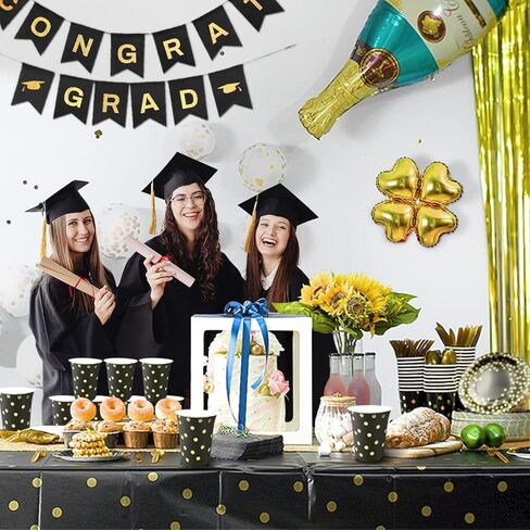 175PCS Black and Gold Party Decorations, 25 Guests 2024 Graduation decorations Party Prom Decorations Gold Plastic Forks Knives Spoons Party Paper Plates Napkins Cups for Party Birthday New Year in Kuwait