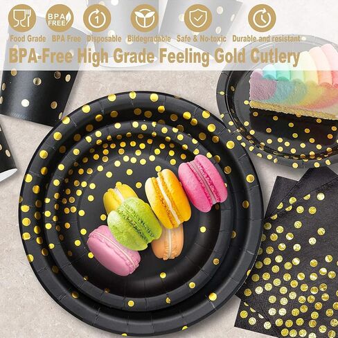 175PCS Black and Gold Party Decorations, 25 Guests 2024 Graduation decorations Party Prom Decorations Gold Plastic Forks Knives Spoons Party Paper Plates Napkins Cups for Party Birthday New Year in Kuwait