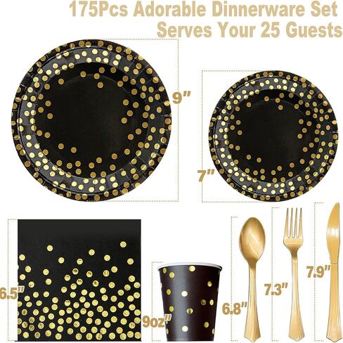 175PCS Black and Gold Party Decorations, 25 Guests 2024 Graduation decorations Party Prom Decorations Gold Plastic Forks Knives Spoons Party Paper Plates Napkins Cups for Party Birthday New Year in Kuwait