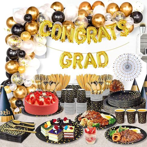 175PCS Black and Gold Party Decorations, 25 Guests 2024 Graduation decorations Party Prom Decorations Gold Plastic Forks Knives Spoons Party Paper Plates Napkins Cups for Party Birthday New Year in Kuwait