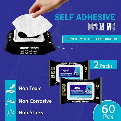 2 حزمة من 60 قطعة من مناديل الأحذية المنظفة للأحذية الرياضية، مناديل سريعة للاستعمال مرة واحدة للسفر، محمولة، تزيل الأوساخ والبقع بشكل فعال in Kuwait