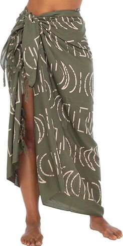 Back From Bali Womens Print Sarong Coverup Swimsuit Pareo with Boho Fringe & Coconut Clip - Wrap Skirt or Beach Shawl in Saudi Arabia