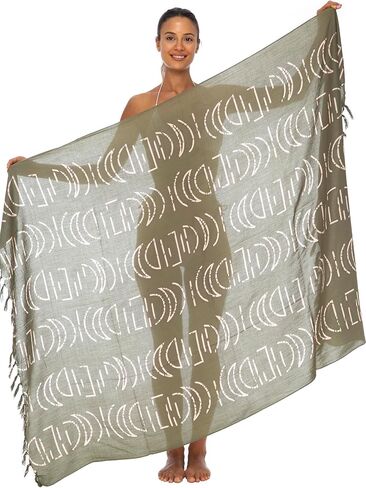 Back From Bali Womens Print Sarong Coverup Swimsuit Pareo with Boho Fringe & Coconut Clip - Wrap Skirt or Beach Shawl in Saudi Arabia