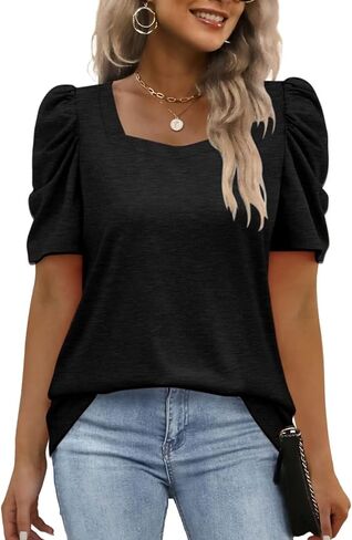 EADINVE Women Square Neck Puff Sleeve T Shirts Summer Casual Short Sleeve Tees Loose Fit Tunic Tops 2024 in Saudi Arabia