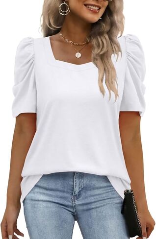 EADINVE Women Square Neck Puff Sleeve T Shirts Summer Casual Short Sleeve Tees Loose Fit Tunic Tops 2024 in Saudi Arabia