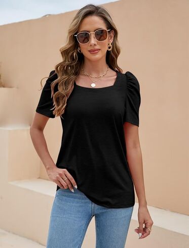EADINVE Women Square Neck Puff Sleeve T Shirts Summer Casual Short Sleeve Tees Loose Fit Tunic Tops 2024 in Saudi Arabia