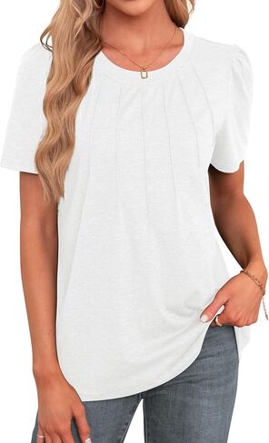 Womens Tops Dressy Casual Short Sleeve Shirts Summer Loose T Shirts Trendy Tops Pleated Tunic Blouses in Saudi Arabia