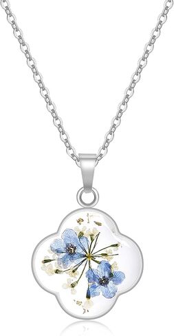 Jayden Four Leaf Clover Necklace for Women - Daffodil and Queen Anne's Lace Pressed Flower Necklace,Handmade Boho Jewelry,Lucky Clover Pendant - Rose Gold | 18" in Saudi Arabia