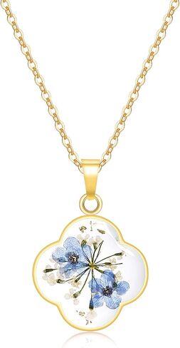Jayden Four Leaf Clover Necklace for Women - Daffodil and Queen Anne's Lace Pressed Flower Necklace,Handmade Boho Jewelry,Lucky Clover Pendant - Rose Gold | 18" in Saudi Arabia