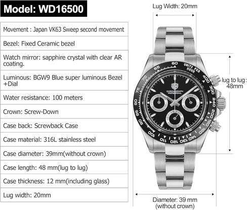 watchdives Quartz Chronograph Watches, WD16500 Men Wristwatch Japan VK63 Movement 39mm Sapphire Crystal Wristwatch 100M Waterproof Sport Watch in Saudi Arabia