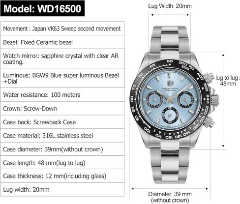 watchdives Quartz Chronograph Watches, WD16500 Men Wristwatch Japan VK63 Movement 39mm Sapphire Crystal Wristwatch 100M Waterproof Sport Watch in Saudi Arabia