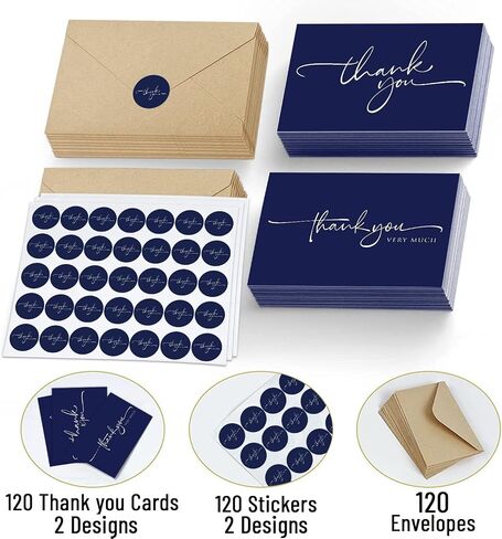 120 Classy Navy Blue Thank You Cards Bulk- professional Thank U Greeting Notes, Blank Inside with matching Brown Kraft Envelopes & Stickers Perfect for Wedding, Business,Graduation & Much More. in Saudi Arabia