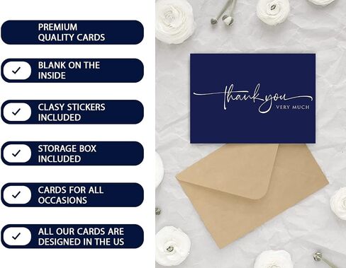 120 Classy Navy Blue Thank You Cards Bulk- professional Thank U Greeting Notes, Blank Inside with matching Brown Kraft Envelopes & Stickers Perfect for Wedding, Business,Graduation & Much More. in Saudi Arabia