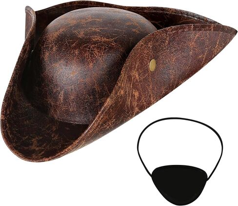 قبعة قرصان للرجال البالغين مع رقعة عين من الجلد الصناعي البني، قبعة قرصان للنساء من إكسسوارات أزياء الهالوين in Kuwait