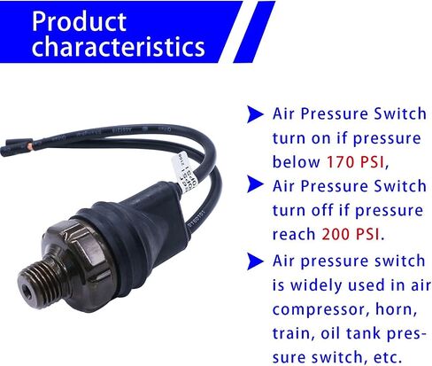 مفتاح ضغط الهواء 170-200 PSI الموضوع 1/4 "NPT 24V 12V DC مفتاح ضغط ضاغط الهواء مع خط لقطار الهواء القرن 170-200-1/4"NPT-X-BK in Saudi Arabia