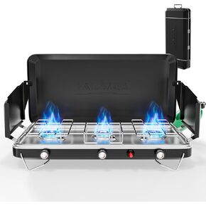 ROVSUN 2-in-1 Portable Camping Stove & Propane Grill with Enamel Griddle & Piezo Igniter, Tabletop Camp Stove with Built-in Handle, Wind Panel & Regulator for Camping, Tailgating, Grilling (Black) in Saudi Arabia