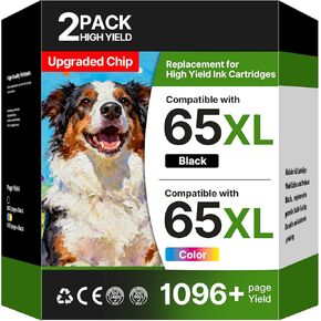 خراطيش حبر 65XL متوافقة مع HP Ink 65، عالية الإنتاجية لخراطيش حبر HP 65، حزمة كومبو سوداء/ملونة، مناسبة لـ HP DeskJet 3755 3772 3700 3752 3722 2600 2622 Envy 5055 5070 5000 (1 أسود، 1 لون) in Kuwait