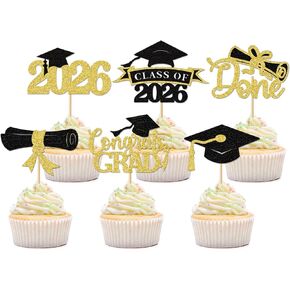 24Pcs 2026 Graduation Cupcake Toppers, Black & Gold Glitter Class of 2026 Cupcake Picks, Grad Cap, Diploma, Congrats Grad Cake Decorations for High School College Graduation Party Supplies in Kuwait