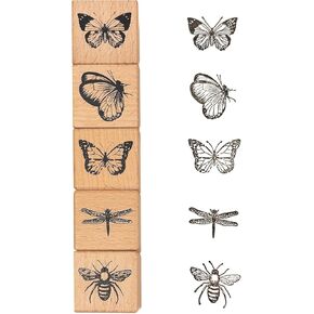 Vintage Wood Rubber Stamp Set - 5Pcs Antique Butterfly, Bee, Dragonfly Designs for DIY Art Journals, Scrapbooking, Card Making - Reusable Craft Stamps Gift for Crafters in Saudi Arabia
