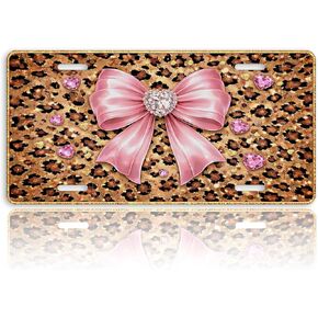 Leopard Print Front License Plate for Women Pink Bow Glitter Diamond Hearts Car Vanity Plates Decorative Aluminum Metal Cute Novelty License Plate for Men 6x12 Inch (4 Holes) in Saudi Arabia
