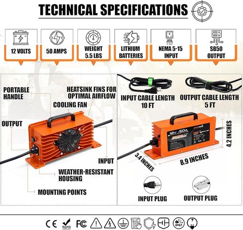 شاحن LithiumLogic™ 12V 50A LiFePO4 مع قابس SB50 Anderson وأسلاك ملحقة ومستشعر درجة الحرارة؛ IP67 مقاوم للماء مع تقنية VoltRevive™ Recovery للعربات والقوارب ومركبات ATV ورافعات البليت والرافعات الشوكية وأجهزة غسل الغاز in Kuwait