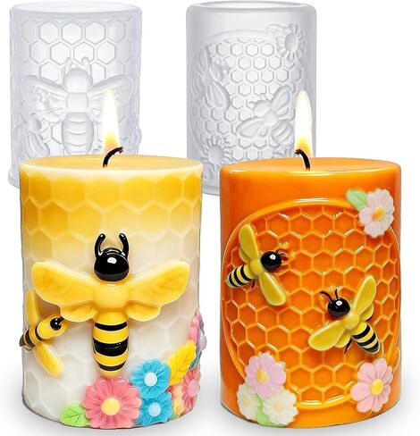 Morofme Bee Silicone Candle Molds 2Pcs, Cylinder Honeycomb Soap Mold Easy Release, 3D Honeycomb Mold with Bee, Flower, Epoxy Resin Molds Silicone for DIY Craft, Scented Candles, Soap, Home Decor in Saudi Arabia