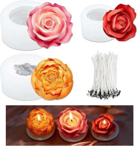 Flower Candle Molds - 3pcs Small 3D Rose Silicone Soap Wax Molds Set for Soy Wax Beeswax DIY Candle Making, Valentine's Mother's Day Crafts in Saudi Arabia