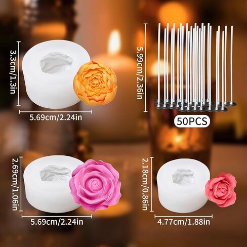 Flower Candle Molds - 3pcs Small 3D Rose Silicone Soap Wax Molds Set for Soy Wax Beeswax DIY Candle Making, Valentine's Mother's Day Crafts in Saudi Arabia