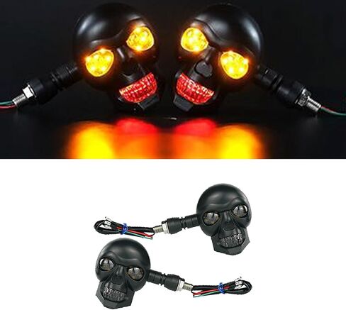 2PCS Motorcycle Skull Turn Signal Light, Waterproof LED Warning Light Decoration, 10 mm Screw Blinkers Indicator Replacement Part, Universal for Scooter Dirt Bike (Red & Yellow) in Saudi Arabia