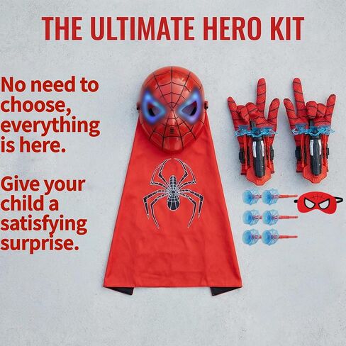 Superhero capes and costumes, LED masks and web shooter toys, role-playing sets, launchers with suction cup darts, spider toys suitable for boys aged 4-6 and 8-12, birthday and Excellent Party Favors in Kuwait