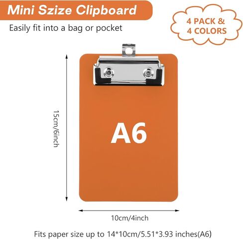 Bewudy 4 Pack Small Clipboards 4 x 6 Inch, Mini Clip Board Notepads Clipboard, Letter Size Plastic Pocket Clipboard with Low Profile Clip, for Office Classroom Supplies(4 Color A) in Kuwait