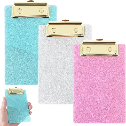 3 Pcs Mini Clipboards 4x6,Mini Acrylic Clip Board,Cute Small Glitter Clipboards for Kids,4" x 6" Bling Nurse Pocket Clip Boards with Gold Clip(Pink,Silver,Light Blue) in Kuwait
