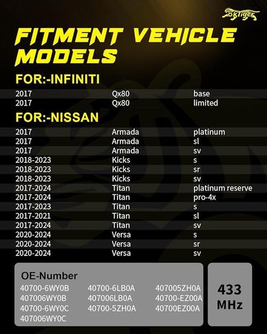 Oktiger 433MHz TPMS Sensor Pre-Programmed Fit for Nissan 2017-2024 Titan, 2020-2024 Versa, 2018-2023 Kicks, 2017 Amada, for Infiniti QX80 2017, Tire Pressure Sensor OE#407006WY0B in Kuwait