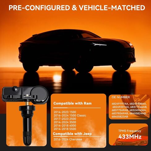 4PCS Pre-Programmed Tire Pressure Monitoring Sensor 433MHz 68249197AA TPMS Fit for Jeep 2016-2024 Cherokee, Fit for Ram 2016-2024 1500 Classic 2017-2023 2500 2014-2024 3500 2014-2018 4000&5500 in Kuwait