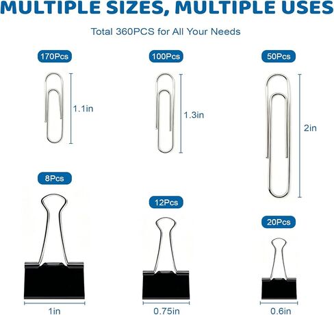 360 Pack Paper Clips and Binder Clips Set – Mixed Sizes Paperclips with Assorted Medium & Large Binder Clips for Office School Home Organization in Saudi Arabia
