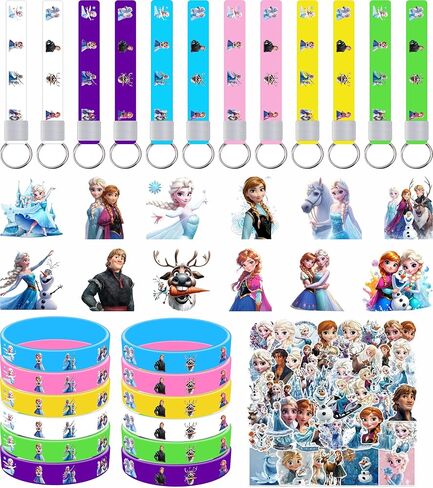 86pcs Frozen Birthday Party decorations Set Included 12 Bracelets, 12 Acrylic Pins, 12 Keychains, 50 Stickers, for Boys and Girls Cartoon Theme Party in Saudi Arabia